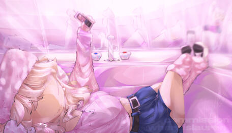 "i really love it especially the perspective, the colors mesh well together especially the highlights on the folds in the clothing / shading and the background with the reflections is super pretty"